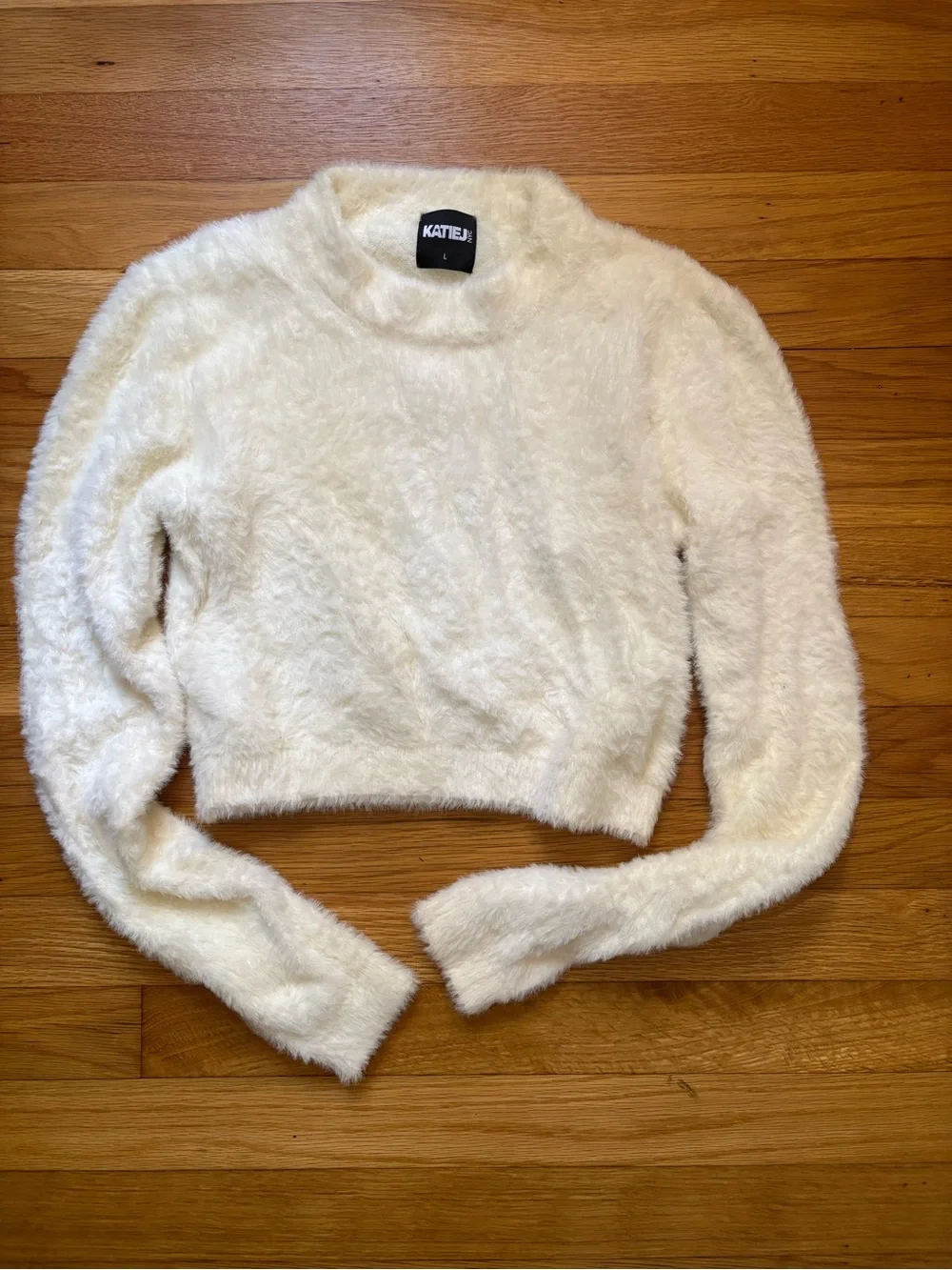 Katie J NYC Fuzzy Cream Cropped Turtleneck Sweater